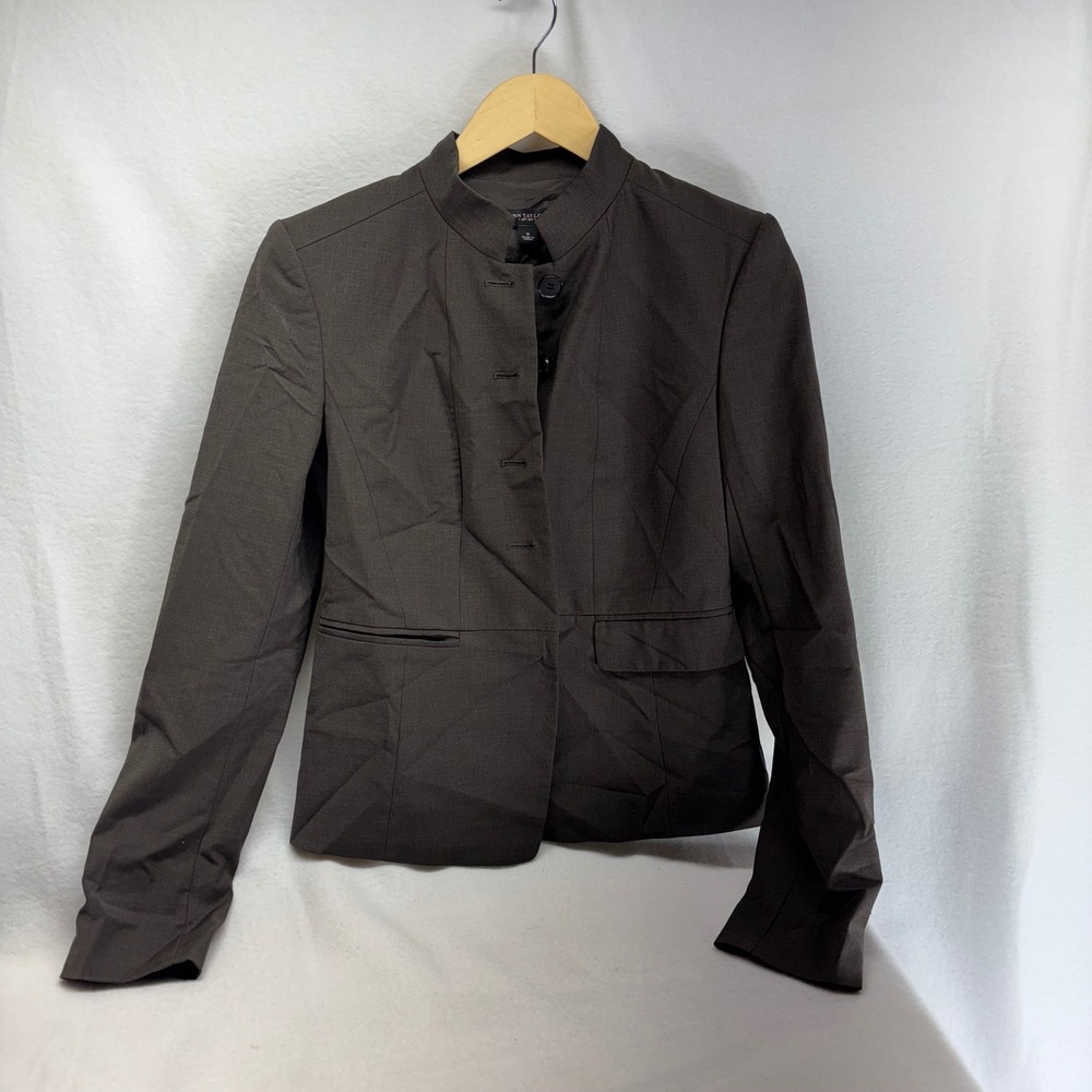 Ann Taylor Women's Blazer Jacket Sz 0 Mandarine Collar Button Front Career Brown